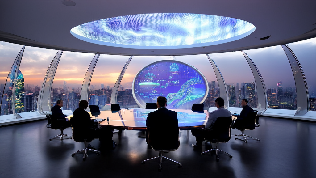 未来城市的现代化办公大楼内，企业高管正在讨论AI客户预测模型的数据图表和市场趋势。