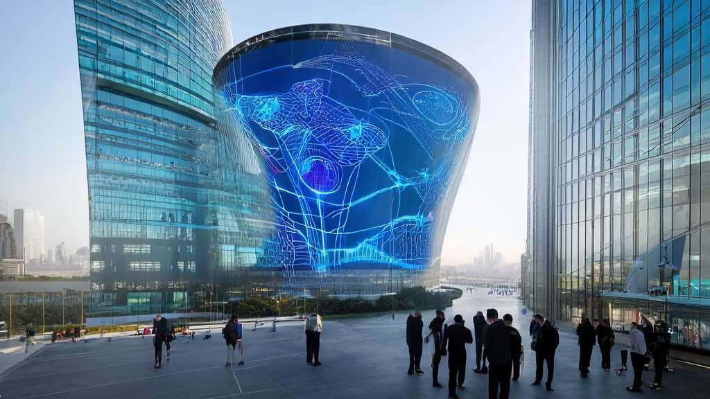 Inside a futuristic office building, data scientists are using an AI customer prediction model to analyze data and optimize customer acquisition strategies.