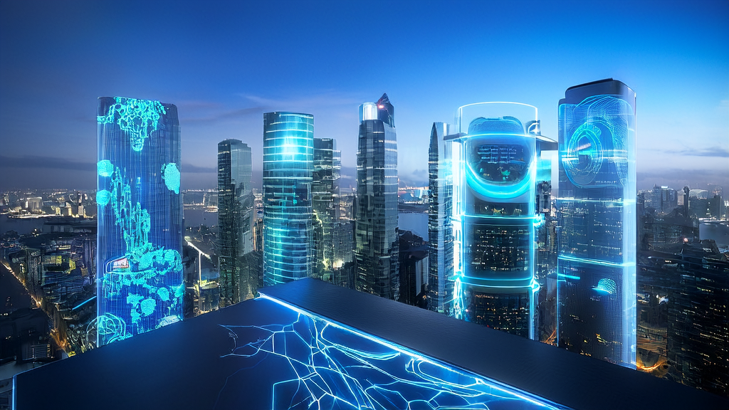 A futuristic office using AI customer prediction models for precise acquisition in a bustling cityscape