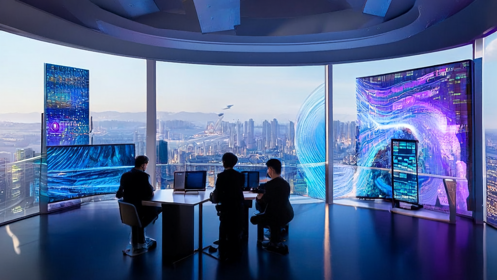 未来城市中的高科技办公室，分析师们正在讨论AI客户预测模型的数据，阳光透过落地窗洒入，展示跨境电商的无限潜力。