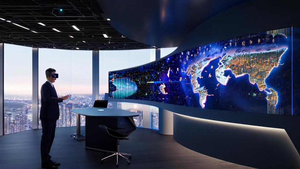 2025年跨境电商中使用AI客户预测模型的现代化办公室场景