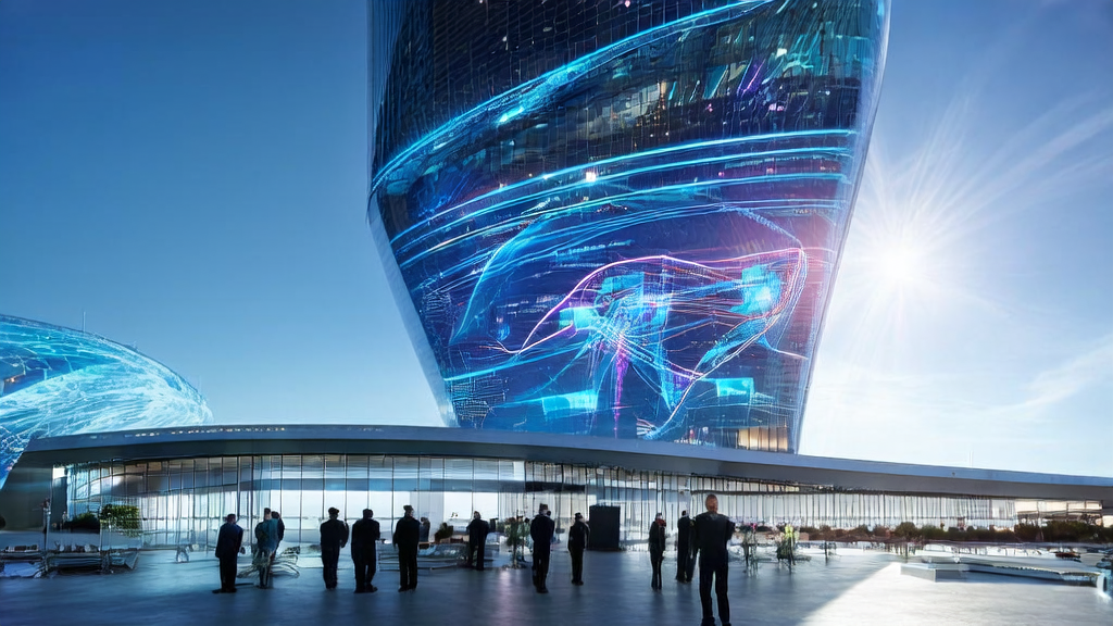 A modern office building in a futuristic tech city showcasing AI customer prediction models and Luo Yonghao announcing the 2025 Tech Innovation Conference