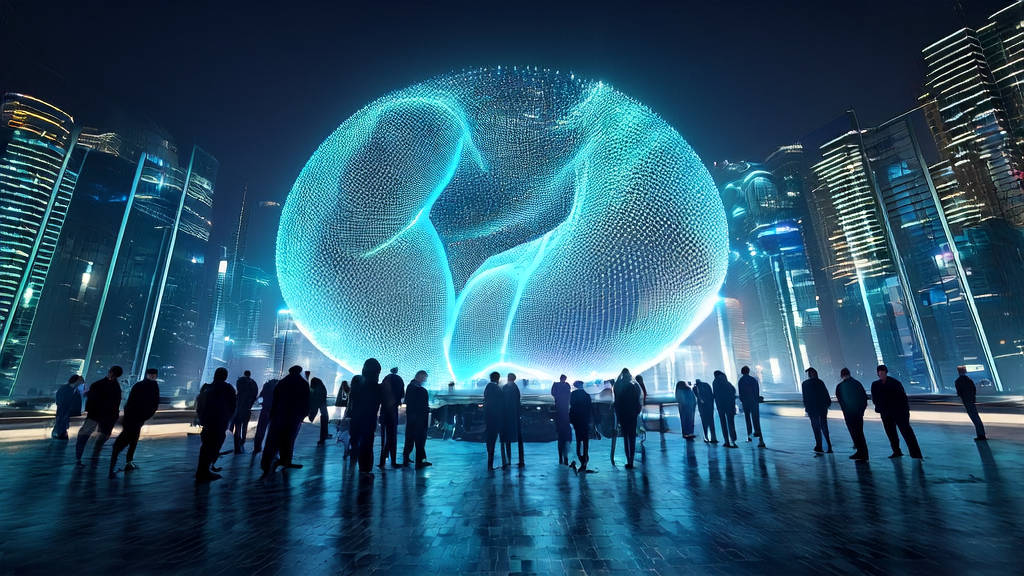 Data scientists in a futuristic city using AI customer prediction models for precise screening, reducing waste, and achieving efficient customer acquisition