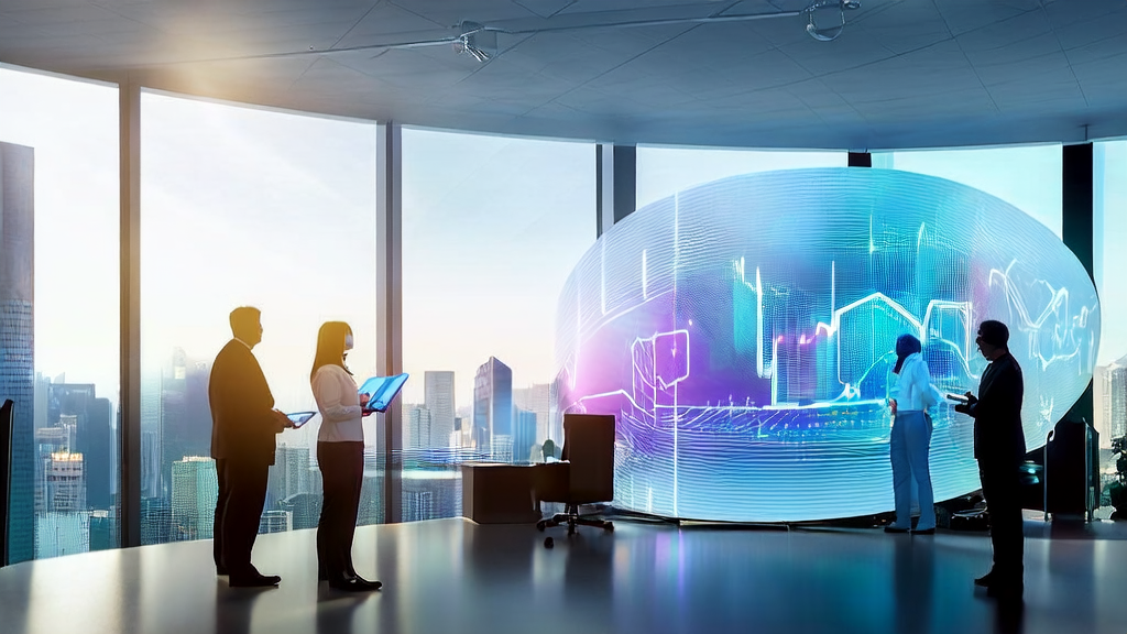 In a modern office bathed in sunlight, employees are analyzing data using an AI customer prediction model and interacting with customers via an intelligent customer service bot.