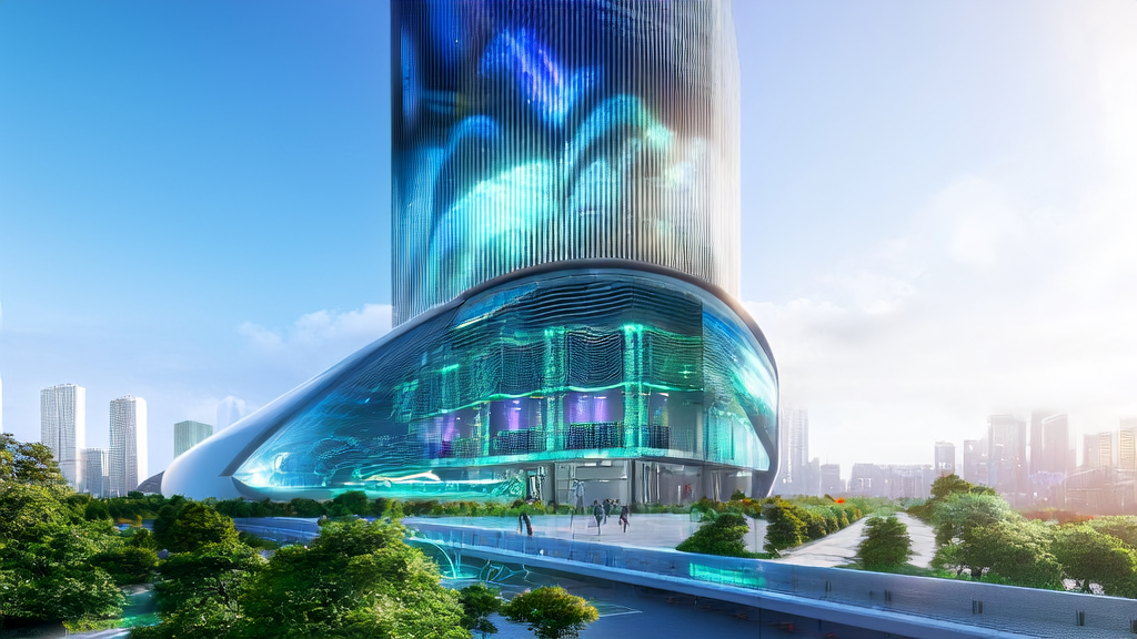 未来城市的AI数据中心，展示先进的AI客户预测模型和数据分析技术