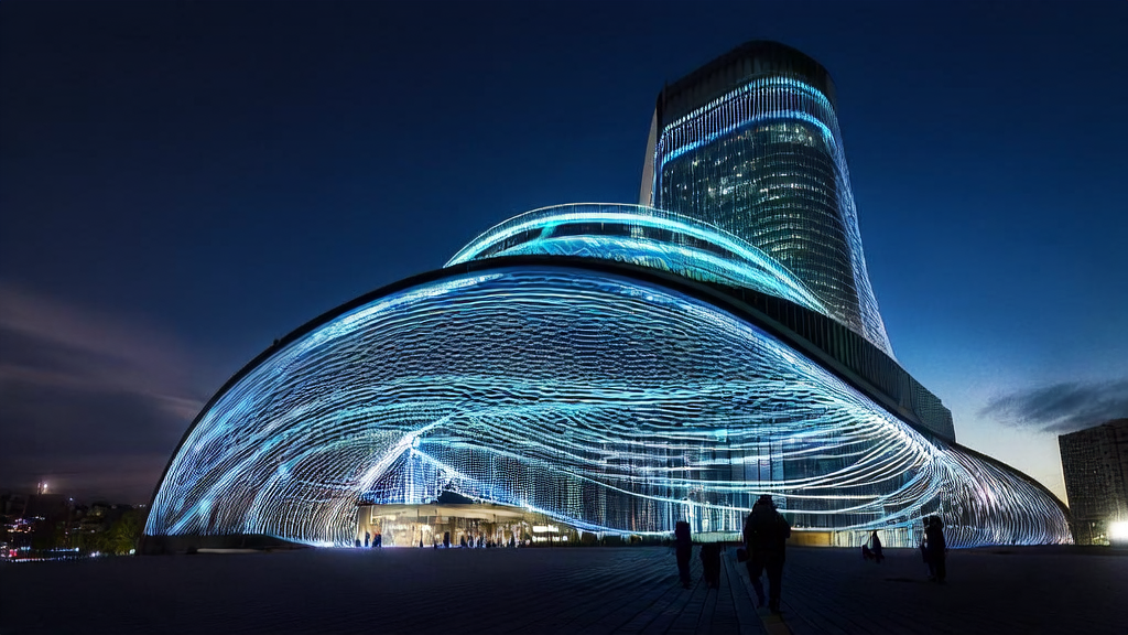 未来城市中的高科技大厦，展示AI客户预测模型和广告投放优化的工作场景