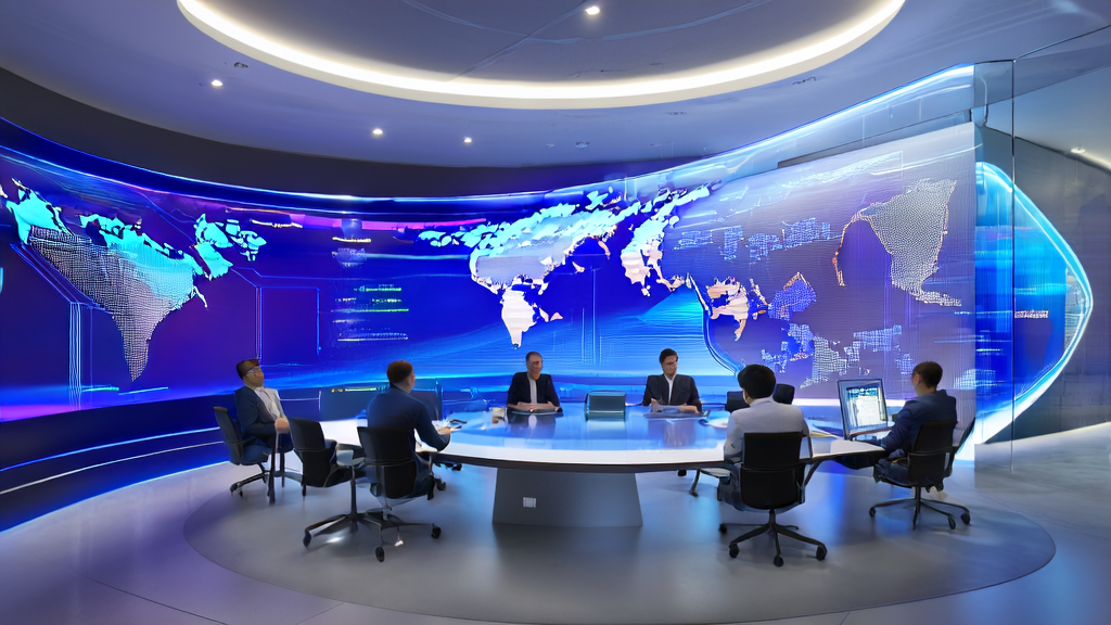 A futuristic office scene showcasing the use of AI customer prediction models and data cleaning techniques to enhance customer acquisition efficiency in cross-border e-commerce
