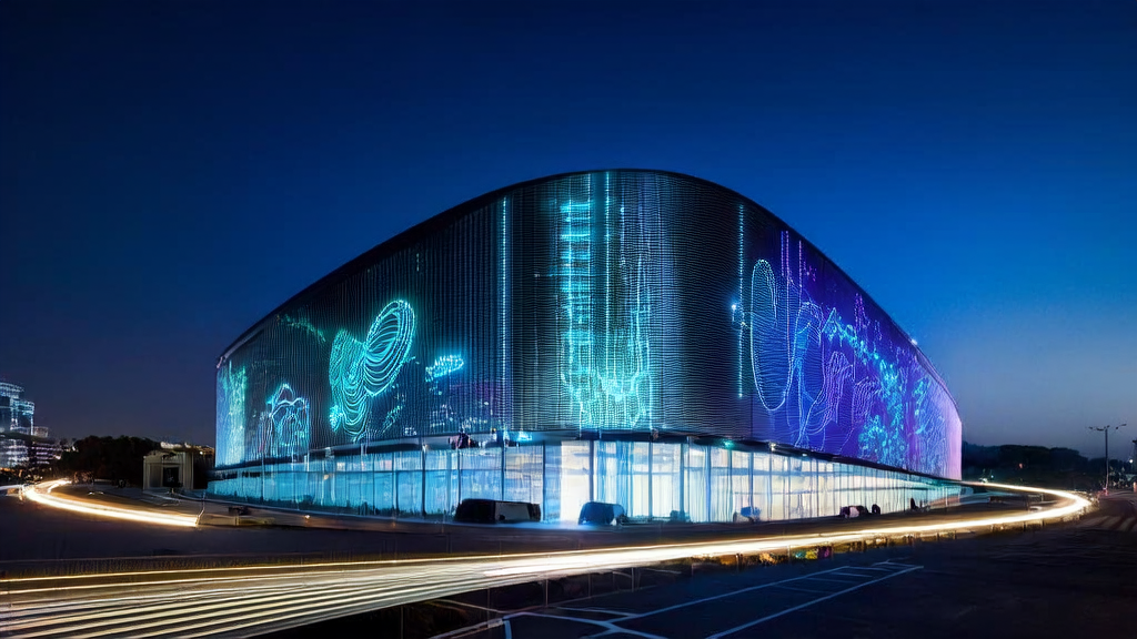 未来城市的夜景中,数据中心大楼展示AI客户预测模型和数据清洗服务的图表,无人驾驶汽车和机器人助手在街道上工作。