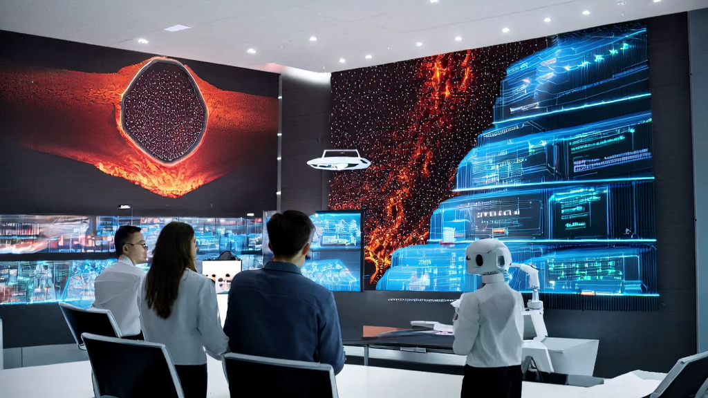 数据科学家们在办公室里使用AI客户预测模型优化邮件营销策略，墙上挂着火山引擎AI节省计划的海报。