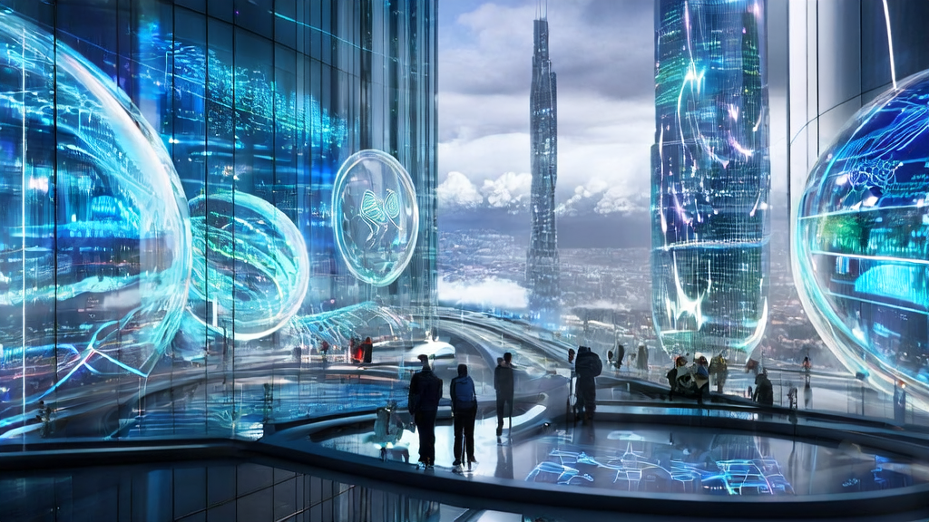 In a futuristic city, a data analyst uses AI customer prediction models and hyper-personalized email marketing to achieve precise customer acquisition, with Microsoft's building symbolizing leadership in AI technology.