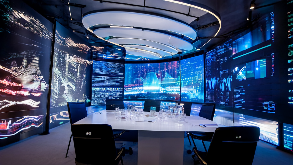 未来感办公室内,分析师们正在讨论AI客户预测模型的应用,窗外是繁忙的城市景象。