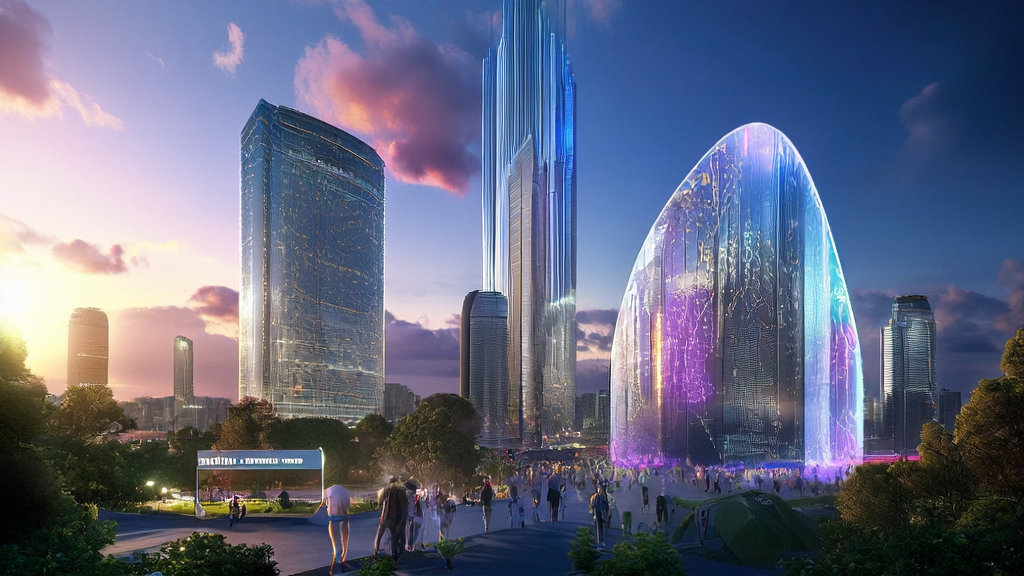 In a futuristic city, data streams flash on screens inside a tech company's building, showcasing the application of AI customer prediction models; in the background, a sign represents California's legislation protecting minors' privacy.