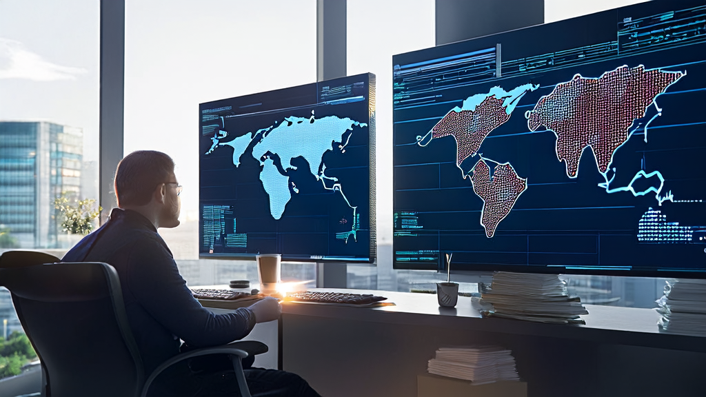 数据科学家在现代化办公室中使用AI客户预测模型分析全球潜在客户分布，提升获客效率与转化率