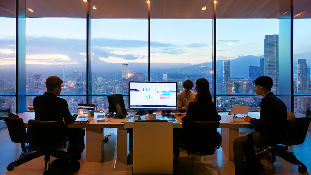 A group of engineers gather around a Mac computer to analyze data using an AI customer prediction model, discussing how the collaboration between OpenAI and Sky can enhance customer acquisition efficiency.