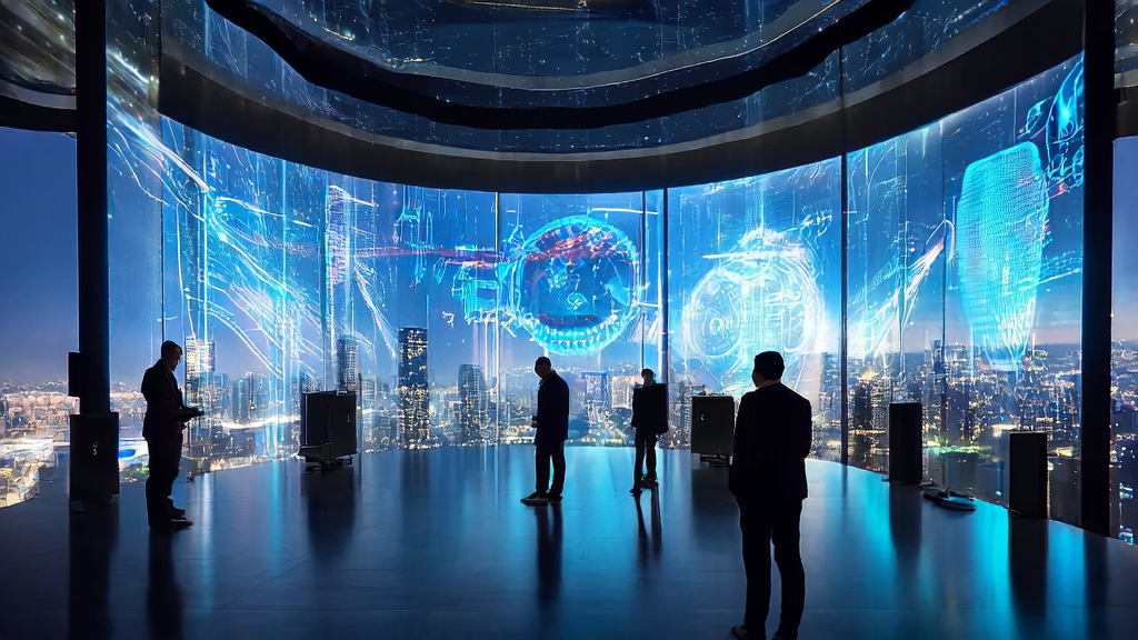 A cross-border e-commerce company in a futuristic city using an AI customer prediction model for precise customer screening