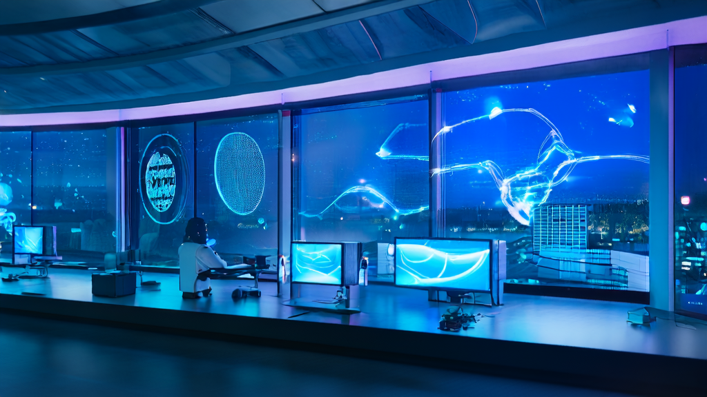 AI客户预测模型在充满未来感的办公室中帮助跨境电商优化邮件营销策略,提升营销效率。