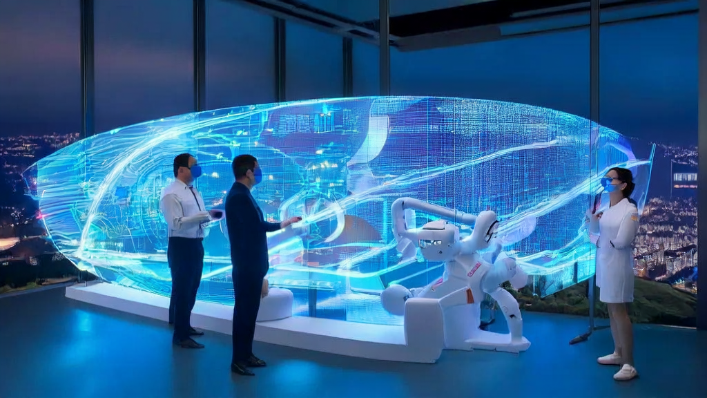 AI客户预测模型助力跨境电商突破增长瓶颈,展示复杂的数据分析和智能机器人工作场景。