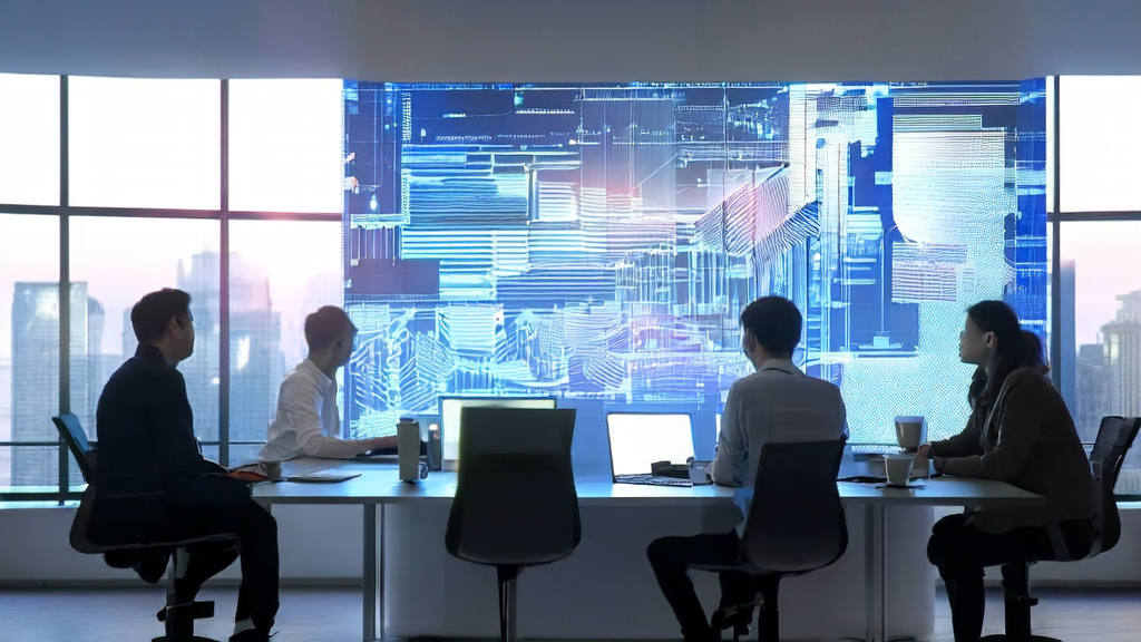 现代化办公室中，团队使用AI客户预测模型分析数据，提升跨境电商增长