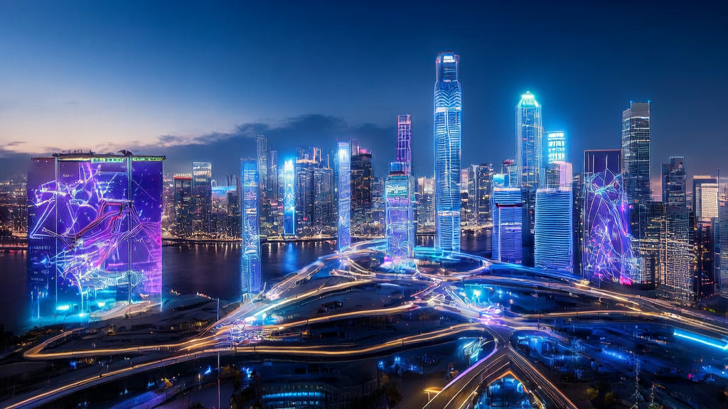 AI customer prediction model boosts cross-border commerce performance, showcasing a futuristic city with intelligent analysis