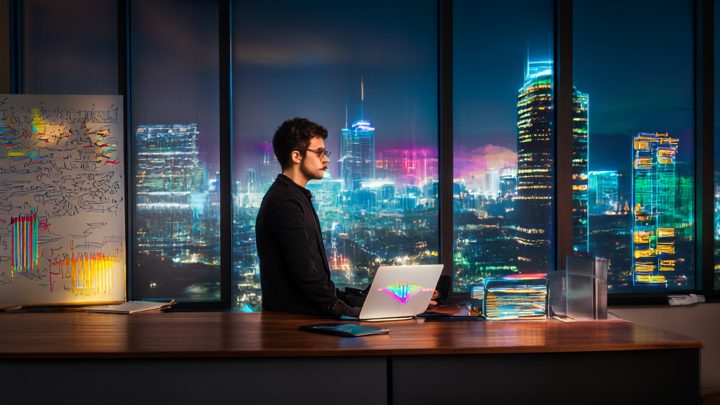 数据科学家在充满科技感的办公室内使用AI客户预测模型分析跨境电商数据，阳光透过窗户洒进室内。