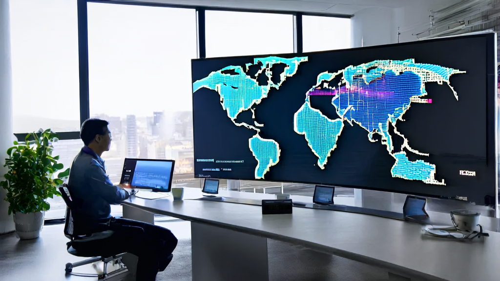 Data analyst in a cross-border e-commerce office using AI customer prediction model to analyze global market trends