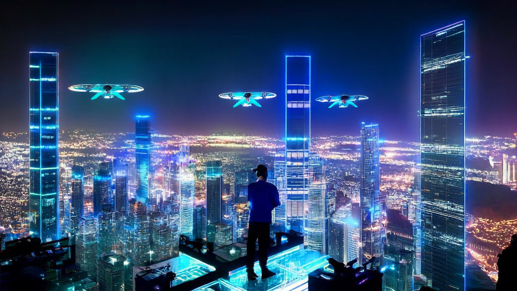 AI客户预测模型助力跨境电商实现精准获客，背景为未来城市的夜景，创业者在分析数据。