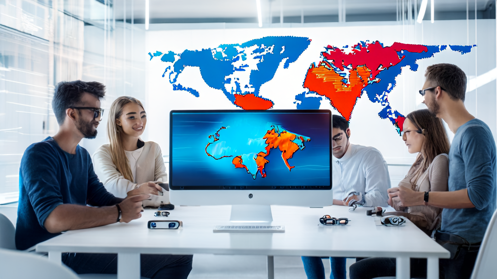 In a sunny office, entrepreneurs are discussing the application of AI customer prediction models and the Apple M5 chip, with a world map and smart devices in the background.