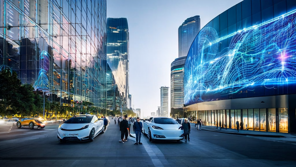 未来城市的科技公司利用AI客户预测模型优化获客流程，展示数据流和预测结果的实时屏幕，以及快速行驶的Robotaxi。