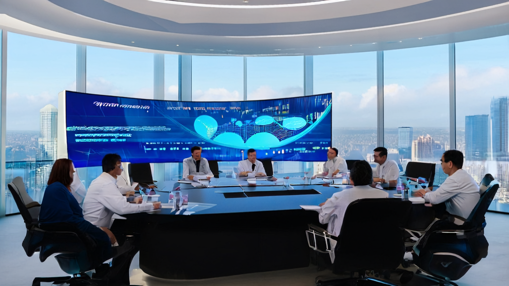 Corporate employees discussing strategies around an AI customer prediction model chart, with the Anthropic company logo and 2026 revenue forecast chart in the background