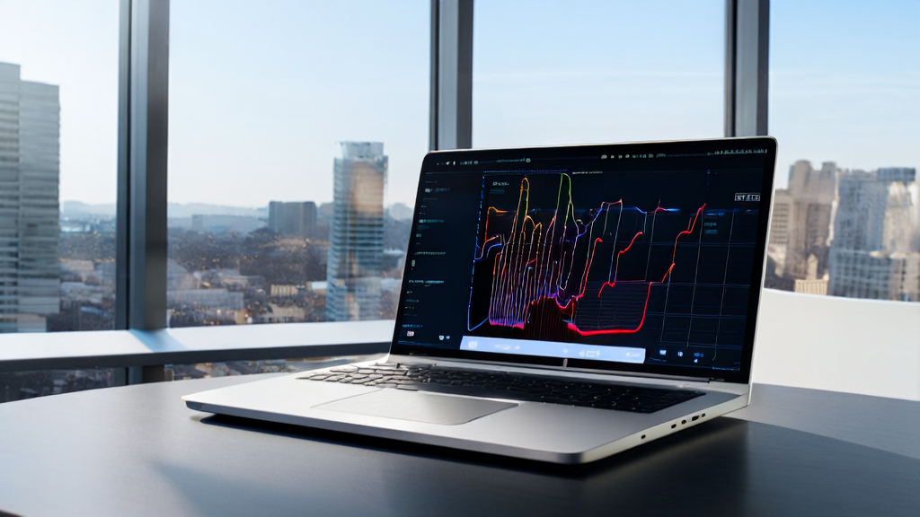 A modern office bathed in sunlight, with a Mac computer displaying the AI customer prediction model and ChatGPT interface. A marketing expert is operating the system to generate personalized emails.