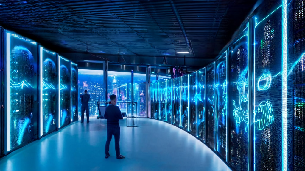 An engineer monitors the AI customer prediction model in a data center, with a bustling city night view in the background