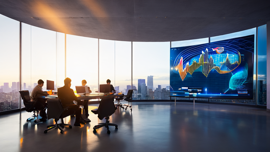 阳光照射下的现代化办公室，程序员们正在使用AI客户预测模型进行广告投放优化，墙上展示着C罗与Perplexity的合作海报。