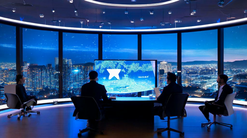 A futuristic office scene showcasing AI customer prediction model for efficient cross-border commerce customer acquisition