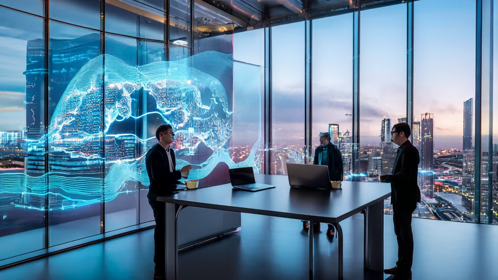 A modern office scene showcasing the application of AI customer prediction models to help cross-border e-commerce businesses achieve precise customer acquisition and cost-effective conversion.