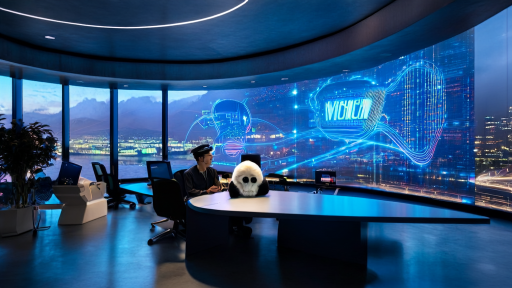 In a futuristic office with a city night view backdrop, engineers are discussing the AI customer prediction model. The wall features a poster of Google's Willow quantum chip, and a wool felt panda wearing a wide-brimmed hat sits in the corner.