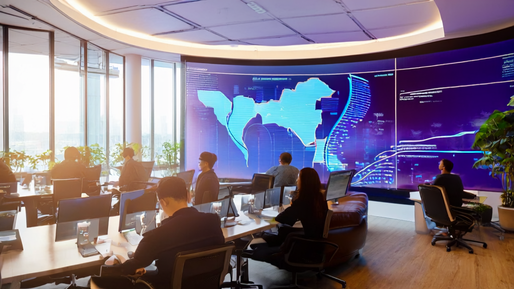 数据科学家在办公室中使用AI客户预测模型优化跨境电商营销策略