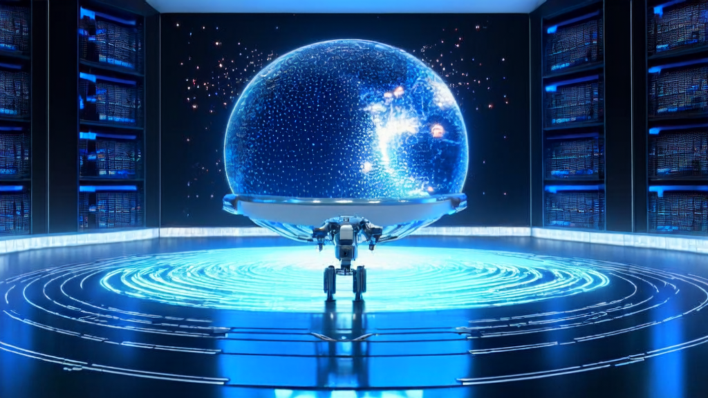 数据中心中的智能机器人正在使用AI客户预测模型优化跨境电商的邮件营销策略,背景为马斯克宣布的X平台AI算法更新。