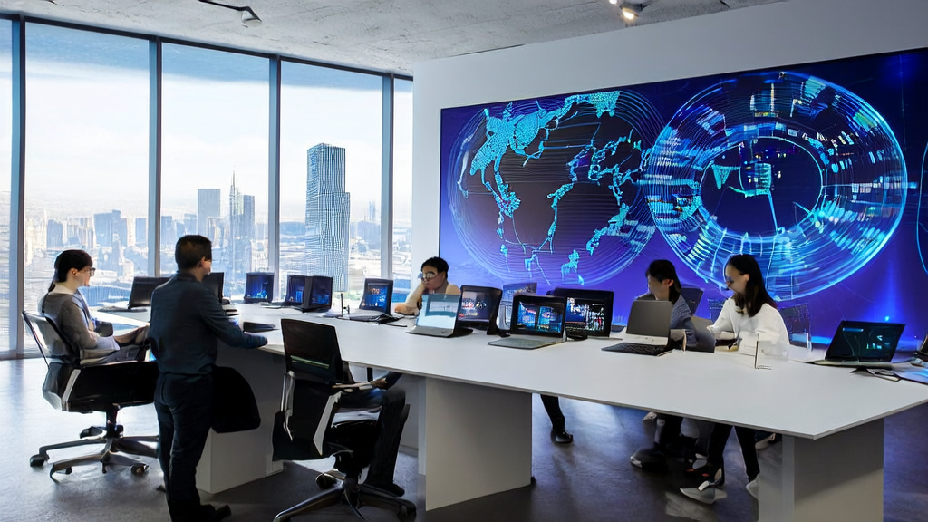 Data scientists and marketing experts discussing AI customer prediction models in a modern office with a city skyline and global market map in the background.