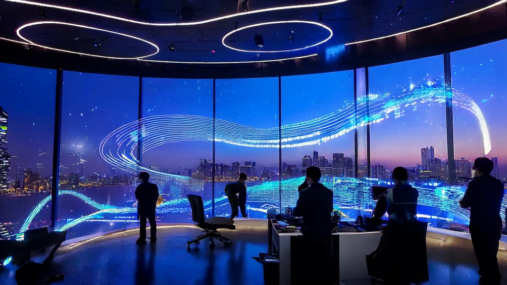 Engineers in a futuristic office are studying the AI customer prediction model, with screens displaying sales data and success stories of AI shopping assistants from 2025's Tmall Double 11
