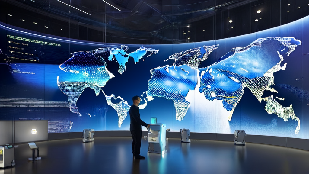 未来办公室中,数据分析师使用AI客户预测模型优化跨境电商市场营销策略