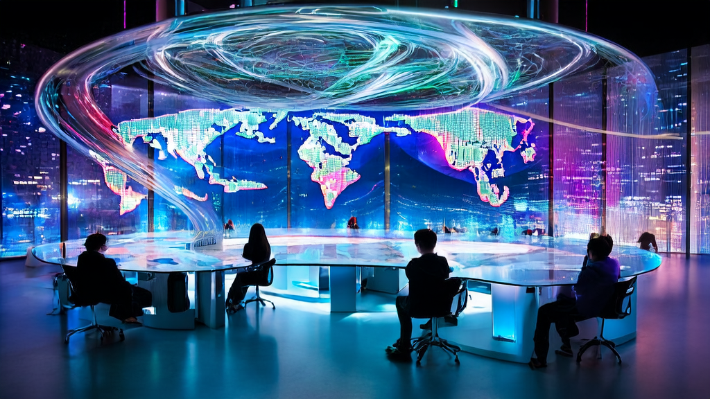 In a futuristic office, engineers are using an AI customer prediction model for cross-border email marketing analysis.