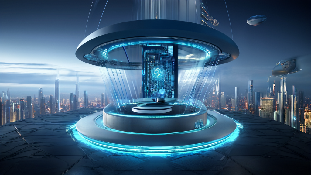 An AI customer prediction model running in a high-rise office with data cleaning reports nearby, overlooking a bustling cityscape