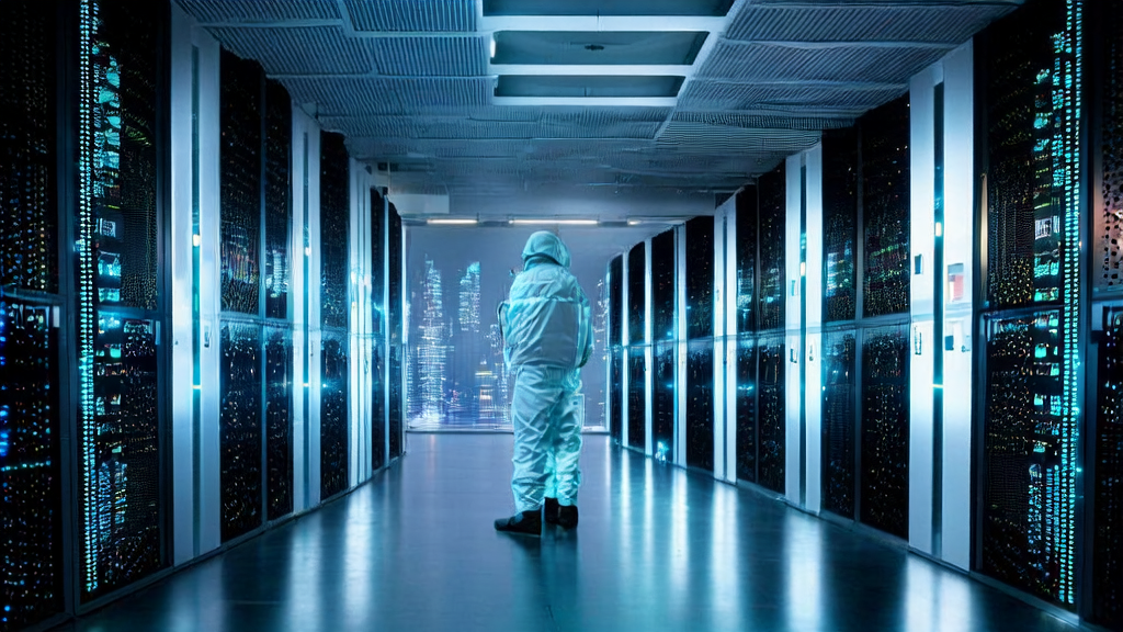 现代化数据中心内的工程师们正在通过基于AI算法的客户数据清洗服务优化AI客户预测模型，背景是繁忙的城市夜景。