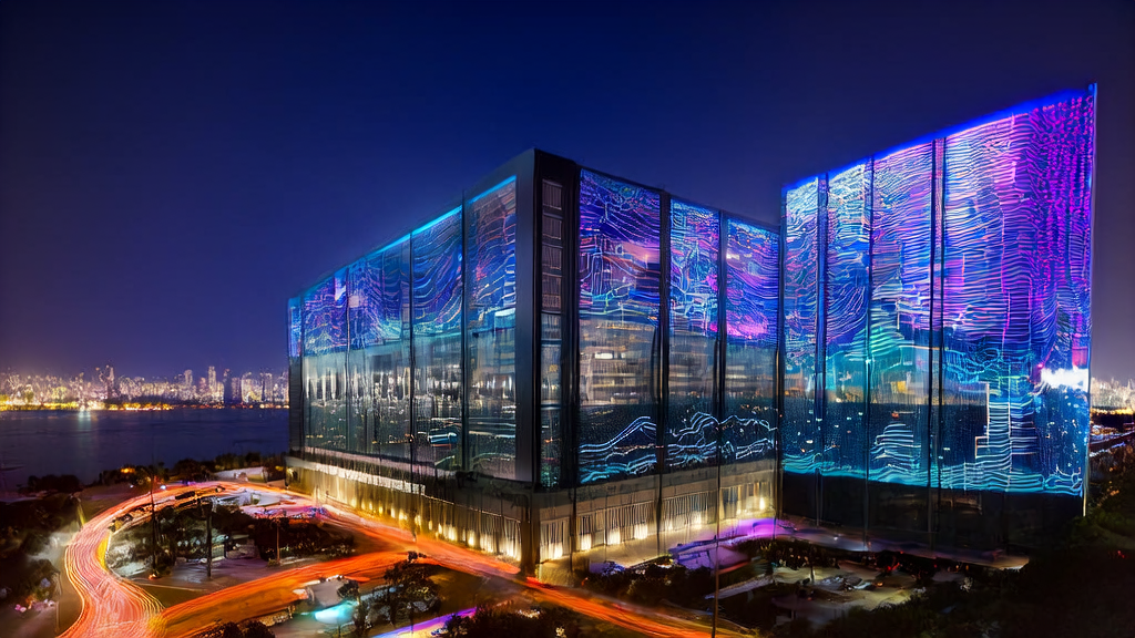 全球知名AI公司Anthropic的总部大楼夜晚灯火通明，展示其强大的AI客户预测模型和高效的跨境电商营销策略。