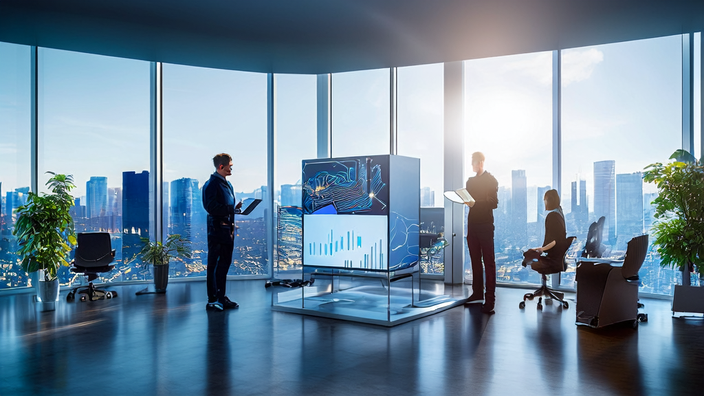 办公室内专业人士围绕AI客户预测模型进行讨论，窗外是繁华城市天际线