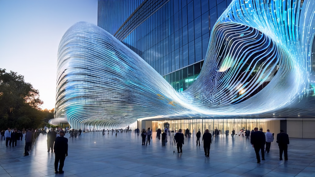 阳光下的现代办公园区,职业人士围绕数据流雕塑讨论AI客户预测模型,无人机实时传输数据,智能屏幕展示客户转化率提升曲线。