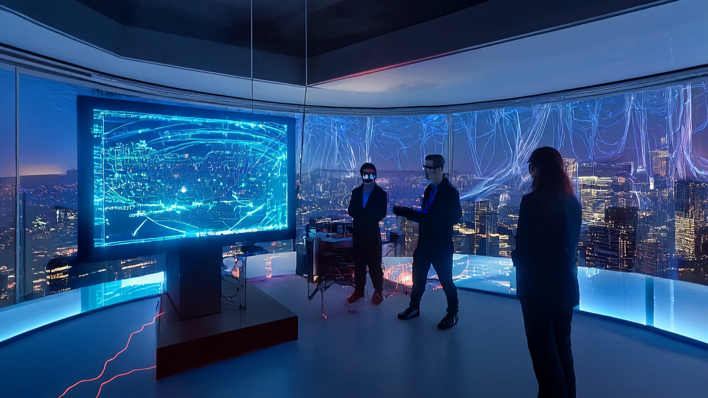 展示了一家科技公司办公室内的场景，分析师们正在讨论AI客户预测模型，背景是城市的高楼大厦。