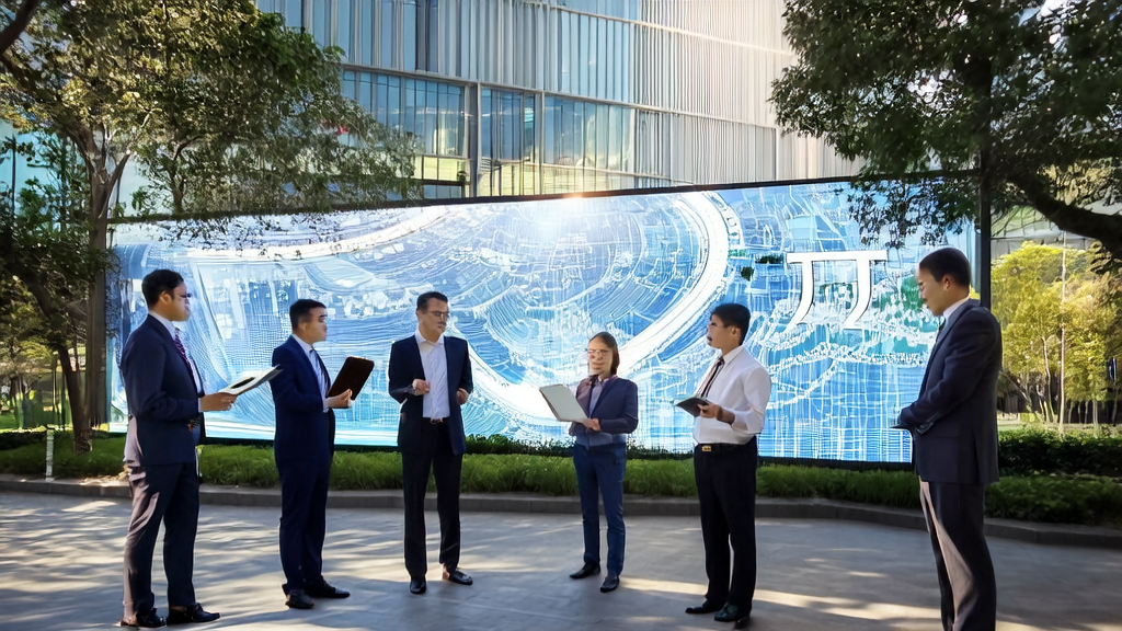 AI客户预测模型在阳光明媚的郊区办公楼前的应用场景，展示企业如何高效获客