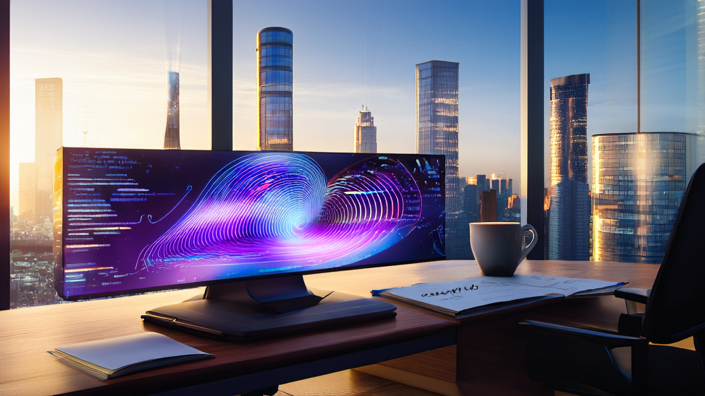 A modern office with a computer screen displaying an AI customer prediction model, set against a backdrop of a bustling cityscape