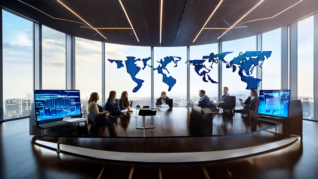 Professionals in a modern office discussing an AI customer prediction model to enhance customer acquisition efficiency.